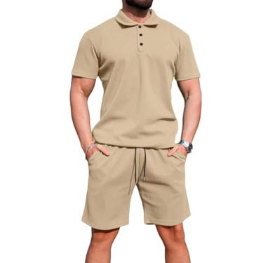 Imagem de Uni Clau Conjunto masculino de 2 peças, camisa polo de verão e shorts, conjunto de treino casual musculoso, Caqui, GG
