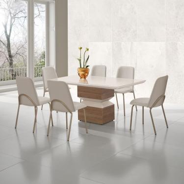 Imagem de Mesa de Jantar Retangular Aço Nobre Aurora com Tampo de Vidro e 6 Cadeiras Estofadas - Champagne e Off White 