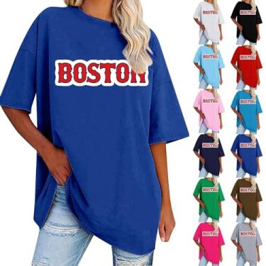 Imagem de Blusa feminina de verão Boston Letter Tops manga curta gola redonda camisetas casuais soltas básicas blusas leves, Azul Adark, M