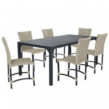 Imagem de Conjunto 6 Cadeiras Cannes Corda Náutica e Mesa Retangular Ripada 2,00m em Alumínio para Edícula, Jardim, Área, Varanda, Cozinha - Pintura Preto