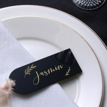 Imagem de UNIQOOO 20 peças de cartões de acrílico preto, 9,99 x 4,1 cm, etiquetas de pendurar em branco DIY, perfeitas para decoração de mesa de casamento, aniversário, centro de mesa, decoração, festa,
