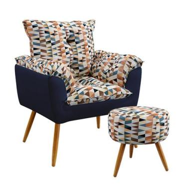 Imagem de Poltrona Decorativa Beta com Puff Solar Sued Estampado Laranja com Azu