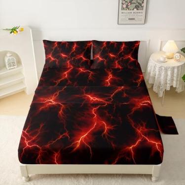 Imagem de QOOMO Jogo de lençol casal com raio vermelho, moderno, neon brilhante, confortável, respirável, refrescante, 1 lençol com elástico, 1 lençol de cima, 2 fronhas
