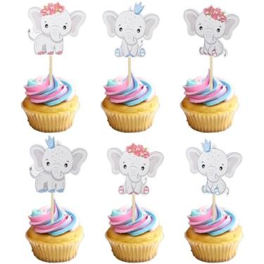 Imagem de Gyufise 36 peças de enfeite de cupcake de elefante menino ou menina decorações de bolo de revelação de gênero para tema de elefante chá de bebê crianças aniversário rosa azul suprimentos de decoração de festa