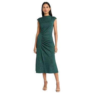 Imagem de Maggy London Vestido feminino elegante midi manga cavada gola alta cintura franzida saia rodada versátil coquetel, Verde bistrô, 40