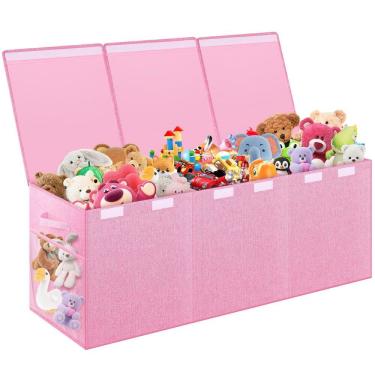 Imagem de Caixa de brinquedos Mabahoo extra grande para crianças com bolsos de malha rosa