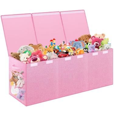 Imagem de Caixa de brinquedos Mabahoo extra grande para crianças com bolsos de malha rosa