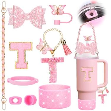 Imagem de Mity rain Conjunto de acessórios de copo rosa de 9 peças para copo Stanley Cup 850 g 1,134 g com alça - Inclui alça, decoração de arco de palha, topo de palha, bota, tampas à prova de derramamento,