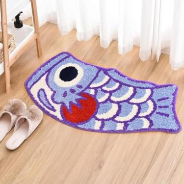 Imagem de Feblilac Lindo tapete de banho de peixe, tapete de banheiro macio de peixe koi japonês, tapetes antiderrapantes absorventes de água para chuveiro, lavável na máquina (roxo)