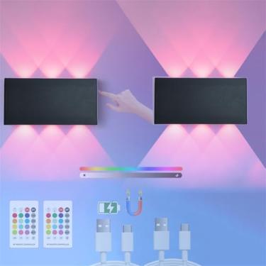 Imagem de Luminária de parede colorida RGB alimentada por bateria com arandelas magnéticas LED reguláveis por toque com controle remoto, luz de parede recarregável por USB, iluminação de parede sem fi