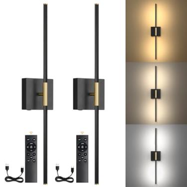 Imagem de Conjunto de 2 arandelas de parede operadas por bateria, arandela de parede com controle remoto, rotação de 350°, arandelas LED recarregáveis, luz de parede sem fio 3000K-6000K para quarto, sala de