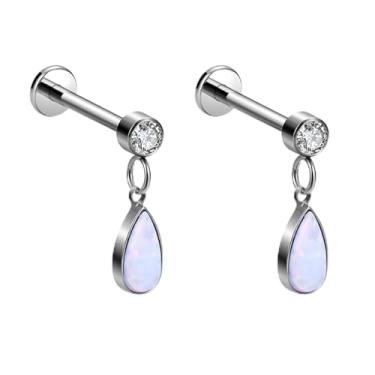 Imagem de ZYTAIJEW 2 peças 16G G23 titânio rosca interna bisel CZ e lágrima opala sintética labret monroe tragus cartilagem brinco piercing de nariz joia 6 mm-12 mm, Titânio, Sem Pedra Preciosa