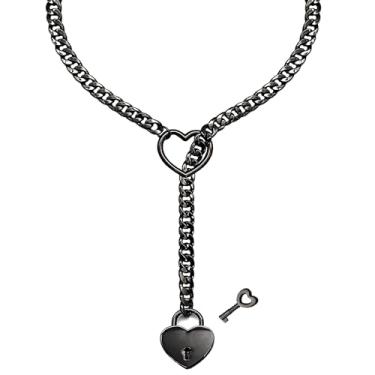 Imagem de Colar gargantilha de coração para mulheres com cadeado grosso amor coração preto anel O corrente para mulheres 61 cm, 34inch, Aço inoxidável, Sem Pedra Preciosa