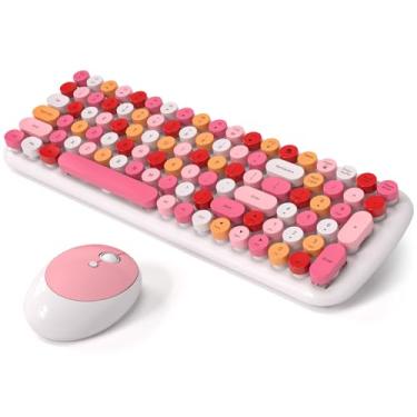 Imagem de Combo de teclado e mouse sem fio, MOWUX – layout compacto moderno, mouse doce compacto colorido e conjunto de teclado redondo retrô com capa, para PC/laptop/Windows/Mac - branco rosa colorido