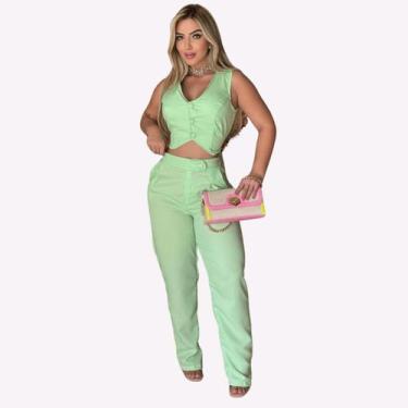 Imagem de Conjunto Alfaiataria Feminino Calça e Cropped Colete Social Blusa Plus
