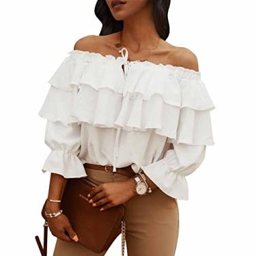 Imagem de Byinns Blusas Femininas De Manga Comprida Com Babados E Ombros De Fora Casuais Em Camadas Brancas