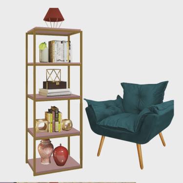 Imagem de Kit Poltrona Fatte com Estante Livreiro Ferro Dourado mdf Rose Suede Azul Turquesa - Ahazzo Móveis