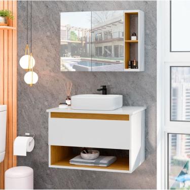 Imagem de Conjunto Para Banheiro Gabinete Suspenso com Cuba e Espelheira Florence Branco com Natu...