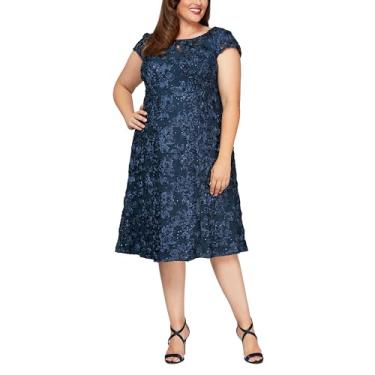 Imagem de Alex Evenings Vestido feminino plus size comprimento chá com detalhe de roseta, Azul marinho evasê, 50