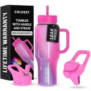 Imagem de Copo Coldest com alça e canudo, copo isolado 100% à prova de vazamento com tampa e canudo (3 tampas), copos de aço inoxidável para mulheres e homens, compatível com porta-copos, 1,020 g (Mulberry