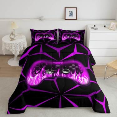 Imagem de Feelyou Jogo de cama queen para jogos 3D para meninos, decoração de quarto de adolescentes, roxo e preto, conjunto de cama para jogos para todas as estações