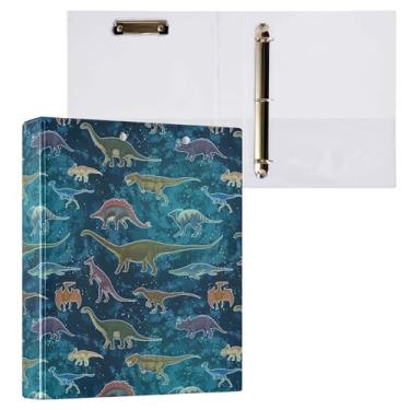Imagem de Fichário redondo com padrão de desenho de dinossauro, 3 cm, azul galáxia, espaço azul, 3 anéis, para escritório, escola, material de trabalho, pasta de arquivos, capacidade de 200 folhas, fácil de