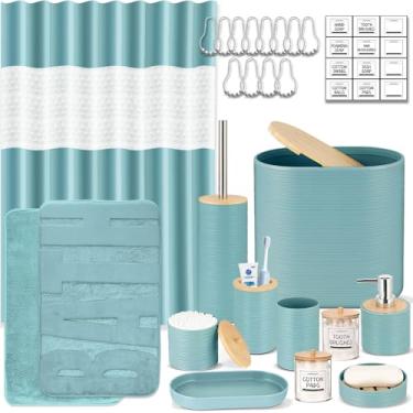 Imagem de IMAVO Conjunto De Banheiro Azul, 26 Peças Acessórios Para Com Cortina Chuveiro E Tapetes Chuveiro, Lata Lixo, Bandeja, Dispensador Sabão, Saboneteira, Suporte Escova Dentes, Copo Vaso Sanitário Supo