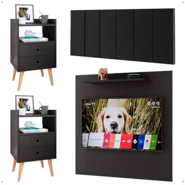 Imagem de Jogo Quarto 2 Mesinhas Retrô Gavetas Nicho Painel Tv 32 Polegadas Sala Cabeceira Suspensa Almofadada Cama Box King Size 1,95 - Lojas RPM (Preto|Preto Suede)