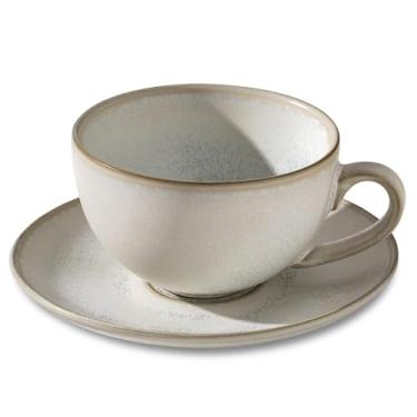 Imagem de Xícara de café de porcelana com pires, 283 g design vintage arte latte de cerâmica cappuccino barista xícara de chá expresso com pires (concha branca)