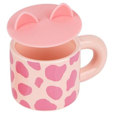 Imagem de DODAMOUR Caneca de café de cerâmica com tampa de orelha de gato, copo fofo com estampa de vaca rosa com alça, caneca grande de cerâmica fofa para latte, leite, aveia, utensílios de mesa estilo para