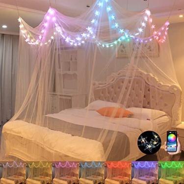 Imagem de Bed Canopy with LED Star Lights, Canopy Bed Curtain with RGB Color Changing String Lights with Smart App Control Remote for Princess Girls Bedroom, Suggested for Twin Full Queen King Bed