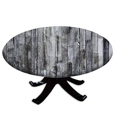Imagem de Toalha de mesa redonda de madeira com borda elástica, estampa de textura de prancha de madeira, design de impressão 3D, adequada para mesas de jantar, festas de autoatendimento e acampamento, adequada