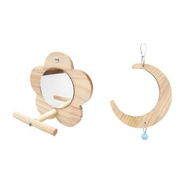 Imagem de WeiLaiKeQi Balanço de madeira para periquito, galho de pássaro multiuso para gaiola, brinquedo para, anel pendurado em forma de lua para calopsitas e, S