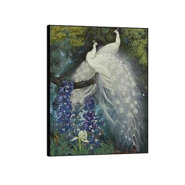 Imagem de Pintura famosa arte de parede - pavões e delfínio-animal impressão em tela - pintura de arte para decoração de parede de sala de estar - pôster de reproduções 50 x 65 cm 20 x 26 polegadas moldura