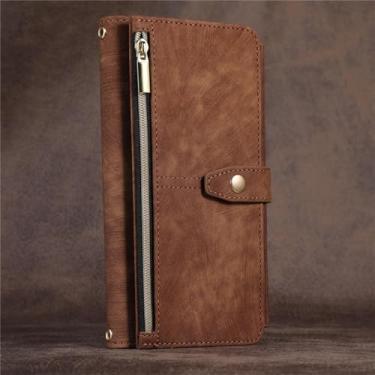 Imagem de HJZSZX Para iPhone 16 Pro Max Long Lanyard Flip Leather Phone Case Zip Wallet Multi Cards Cover (Para iPhone 16 Pro Max/Marrom)