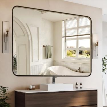 Imagem de miroro Espelho emoldurado de metal dourado de 102 x 76 cm para parede, espelho retangular arredondado grande, antiferrugem, vidro temperado, pendurado horizontal ou verticalmente