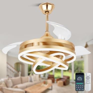 Imagem de Cusp Barn Lustre retrátil dourado de 106,7 cm, ventilador de teto com controle remoto de luzes - Motor DC silencioso moderno 6 velocidades, ventilador de lustre de LED para quarto, sala de estar