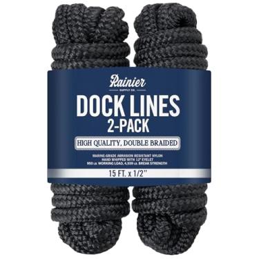 Imagem de RainierSupplyCo Dock Lines Pacote com 2 - Corda de barco para ancoragem com laço - Corda marinha de nylon trançado duplo premium de 4,6 m x 1/2 polegada - Linha de amarração com ilhós de 30 cm