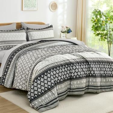 Imagem de Drucon Conjunto de edredom boêmio, tamanho king, 7 peças, preto, cinza, listrado, boêmio, microfibra macia, conjunto de cama para todas as estações