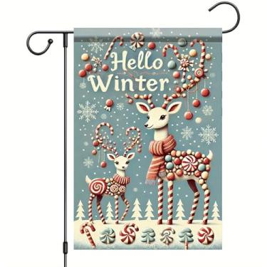 Imagem de Saoplasa Bandeira de jardim de inverno Olá rena de inverno bengala doce floco de neve 30,5 x 45,7 cm bandeira dupla face para quintal externo de Natal feriado varanda pátio gramado rústica fazenda