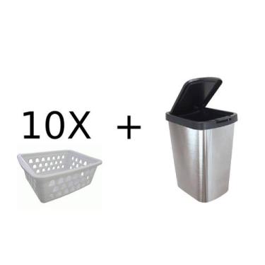 Imagem de Kit 10 Cestos Multiuso Branco + Lixeira 9 Litros Prata - Uninjet