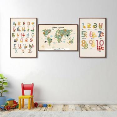 Imagem de Quadro Decorativo Infantil Conjunto Didático Alfabeto e Mapa Mundi com