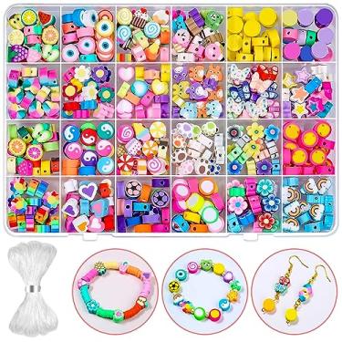 Imagem de 480 peças de contas de argila de polímero de flor de frutas, 24 estilos, pingentes de contas fofas para pulseiras, joias, colar, brincos com cordão elástico
