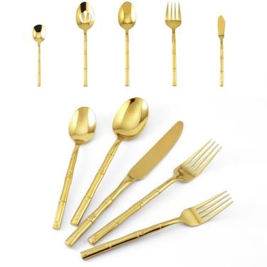 Imagem de Flatasy Conjunto de talheres dourados, conjunto de talheres de aço inoxidável, cabo de bambu, conjunto de talheres espelhados, polidos, 65 peças para casa, cozinha, restaurante, hotel, casamento