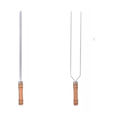 Imagem de Conjuntos De Garfos Para Churrasco Com Duas Pontas E Uma Ponta, Espeto Churrasco 40cm,50cm,60cm,Com Cabos De Madeira (60Cm)