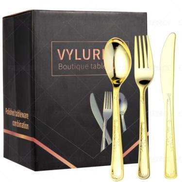 Imagem de Conjunto de talheres de plástico premium de 210 peças: inclui 90 garfos, 60 colheres, 60 facas - talheres descartáveis resistentes para festas, casamentos e eventos de bufê - Kit de utensílios