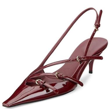 Imagem de Divanne Sapatos de salto alto para mulheres, bico fino, salto gatinho com várias fivelas, sandálias de salto baixo, sapatos de festa noturna de casamento, Vermelho vinho - patente, 35