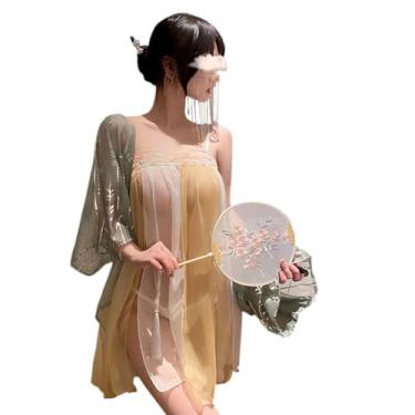 Imagem de SENJIY Vestido de lingerie sexy para mulheres exóticas Hanfu roupa estilo chinês cheongsam cosplay fantasia de fada fofa anime de fenda alta babydoll árabe floral bordado xale verde