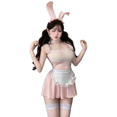 Imagem de Fantasia feminina de renda sexy de coelhinho lingerie perspectiva orelhas de coelho fofas cosplay roupa rosa anime body