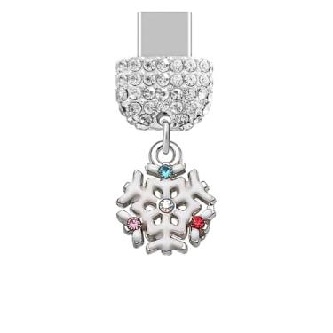 Imagem de ELISE & FONDA TP916 Tipo-C porta de carregamento cristal antipoeira pingente de celular pequeno floco de neve de Natal para iPhone 15/16/Samsung/OnePlus/Xiaomi/oppo telefones Android (branco)